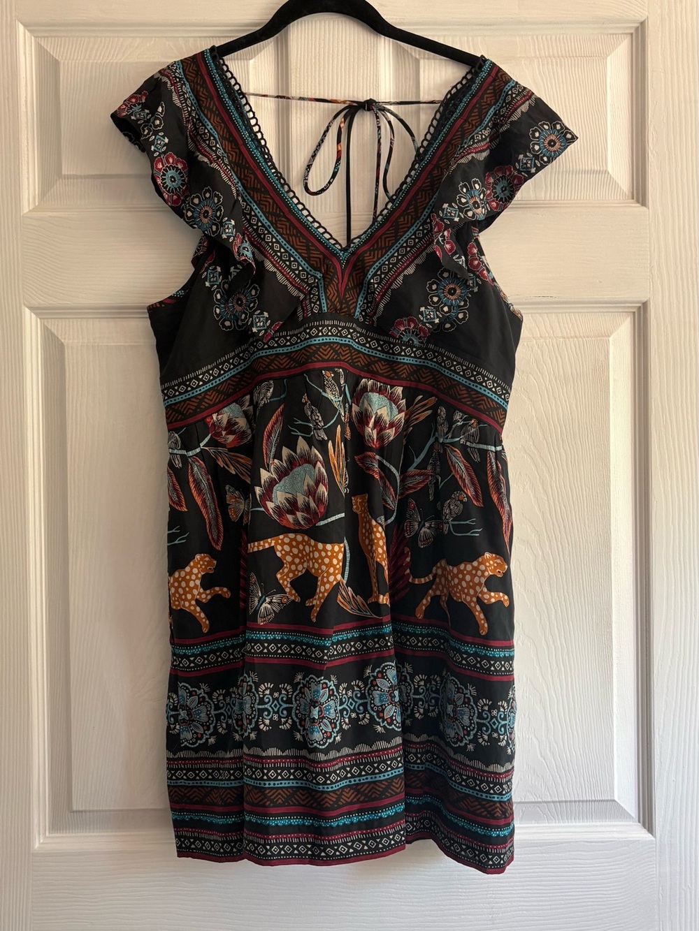 Anthropologie Black Mini Dress with Mustard Cat & Teal Floral Print